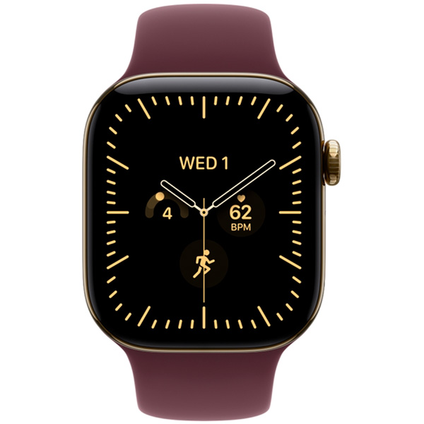 Apple Watch Series 12, 46 мм, корпус из титана, цвет "Золотистый", спортивный ремешок, цвет "Бордовый"